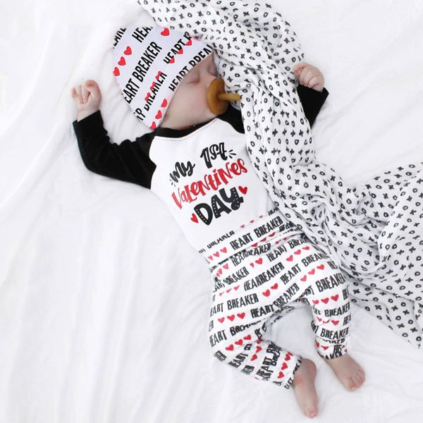 

excelent fashion lovely baby 3pcs newborn infant baby boy girl letter romper pants hat set valentine outfits z0208, White