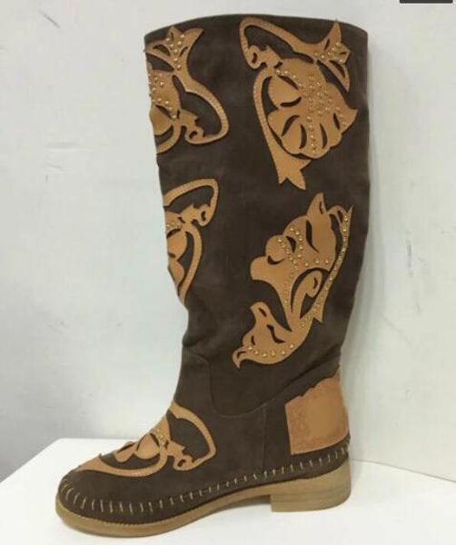 

black white khaki rivets studded carved leather patchwork knee high suede leather boots round toe flat womanlong boots