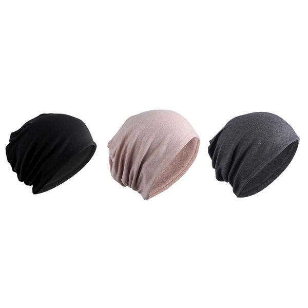 

3 pieces cotton slouchy baggy beanie chemo hat slouchy cap khaki+black+gray, White