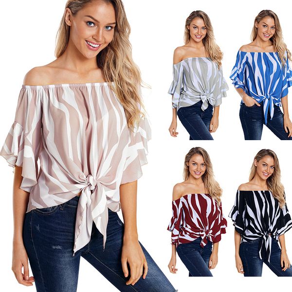 

2020 summer european and american women's strapless collar shirt straight neck fashion t-shirt quarter sleeve, White