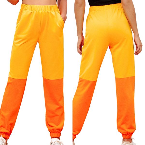 

yellow and orange two tone high waist joggers pants women autumn elastic waist pockets casual sweatpants, Black;white