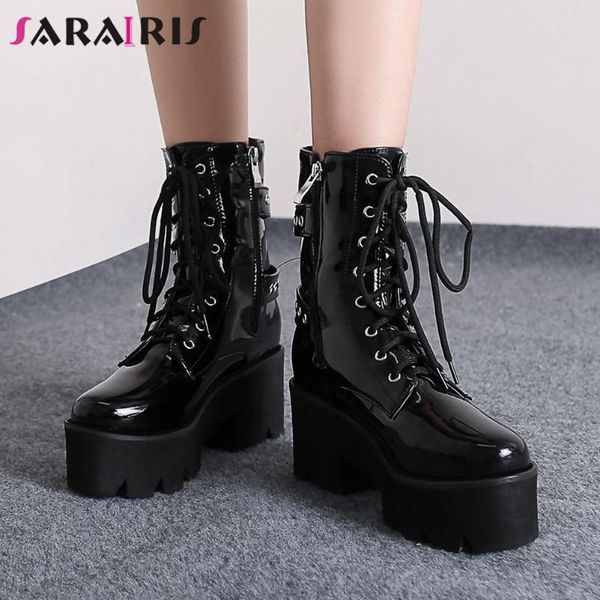 

sarairis high heels platform design boots women fashion boots ladies platform lace up buckle brand mid calf shoes, Black