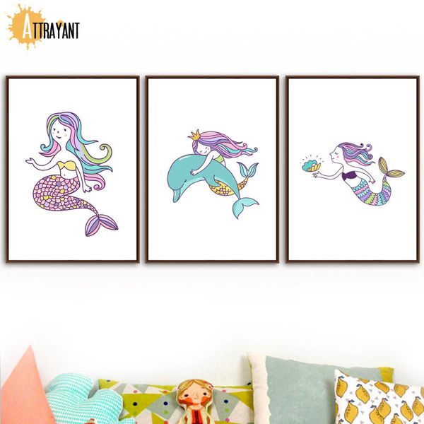 

cute cartoon mermaid dolphin pearl nordic posters and prints wall art canvas painting wall pictures for kids room nursery decor