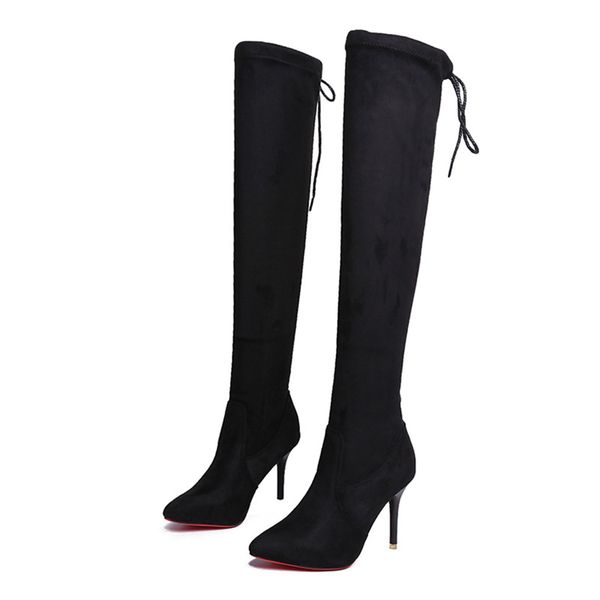 

boots black red bottom women long warm flock super high heel over the knee stiletto bota feminina 2021 size 34 39