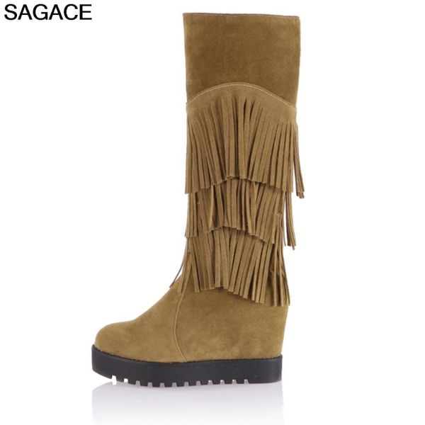 

sagace boots winter women tassel slip-on boot knee-high bota ladies gril soild high heel keep warm shoe booties zapatos de mujer, Black