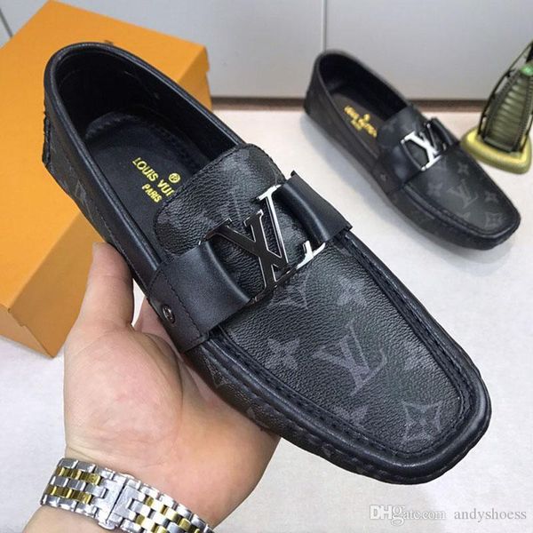 

fashion luxury 2020 new men dress shoes real leather flat metal button peas shoes comfortable casual shoes with original box size 11, Black
