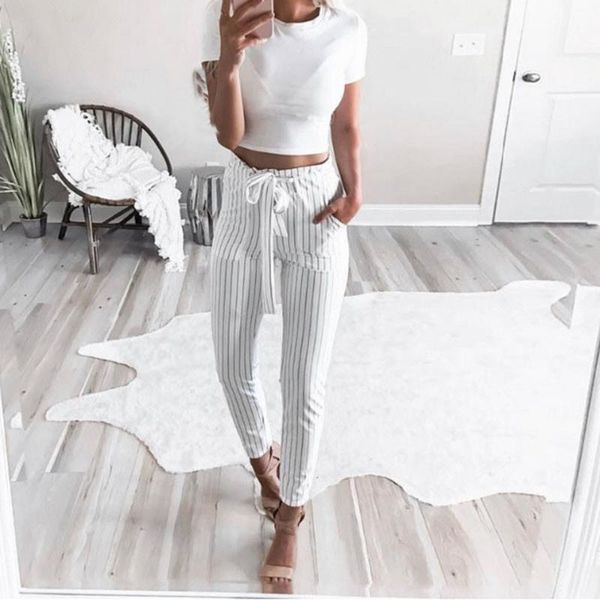 

women striped high waist harem pants women bowtie elastic waist casual pants fashion casual 2.20, Black;blue