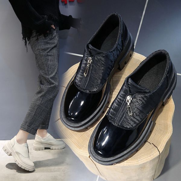 

2020 new women's british style casual shoes female wild loafers front zipper business small leather shoe, Black