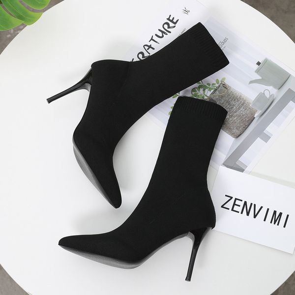 

2020 fashion women sock boots stretch knitting woolen ankle boots stiletto high heels autumn winter female shoes botas, Black