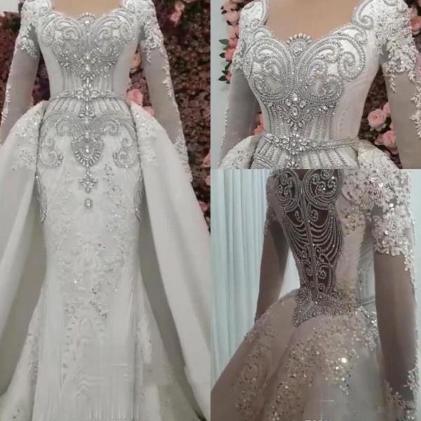 2021 Neue Kristall-Meerjungfrau-Hochzeitskleider mit langen Ärmeln, glänzenden Pailletten, Perlen verziert, Brautkleider in Übergröße, handgefertigt, elegante Roben de Mari￩e