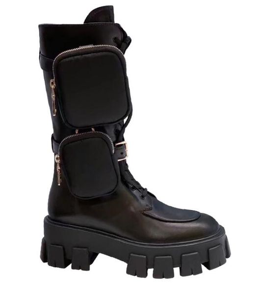 

bonjean flat platform mid-calf leather boots round toe lace-up motorcycle riding boots black fashion