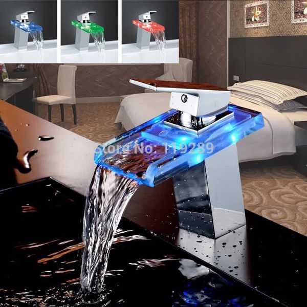 

bathroom sink faucets waterfall led faucet. glass brass basin mixer tap deck mounted