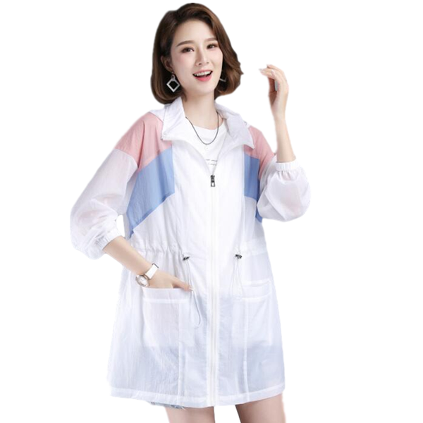 

white windbreaker female summer sunscreen jacket hooded drawstring waist plus size 100% polyester summer 2020 women's clothing, Black;brown