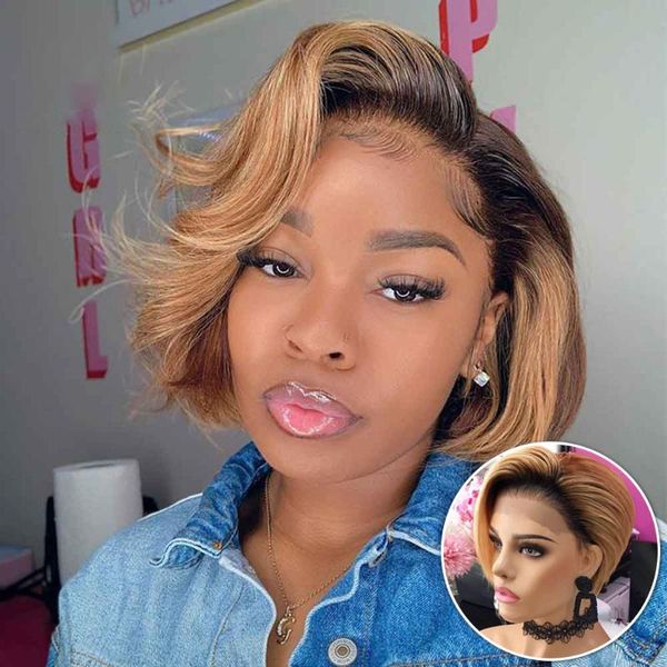 

pixie cut парик человеческих волос короткие волнистые pre щипковых отбеленные узлы бразильский реми волос боб парики 13x4 фронта шнурка huma, Black;brown