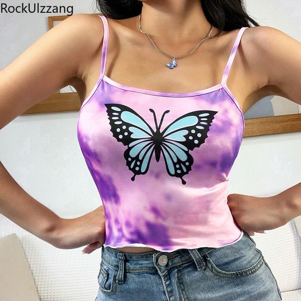 

бабочка печатного sling бинты хлопок tie dye dark crop top harajuku streetwear тонких рукава tee короткие бретели camis корейский, White