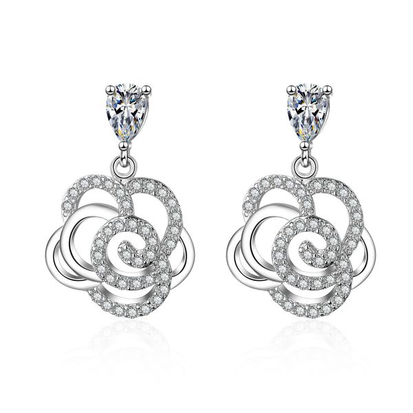 

925 sterling silver needle full zircon camellia earrings flower water droplets micro-inlaid zircon earrings women's earrings, Golden;silver