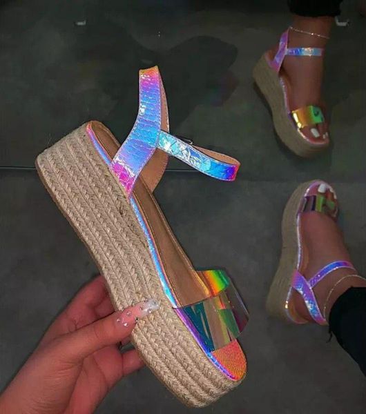 

straw braid flat summer thick sole shoes open toe diamonds single band pumps women's high platform sandals, Black