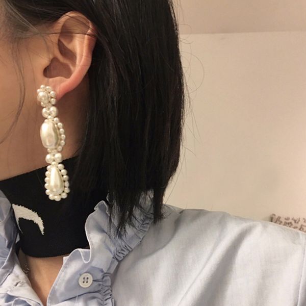 

aensoa sweet elegant long pearl handmade flower drop earrings korean imitation earrings for women girl brincos 2020 jewelry gift, Silver
