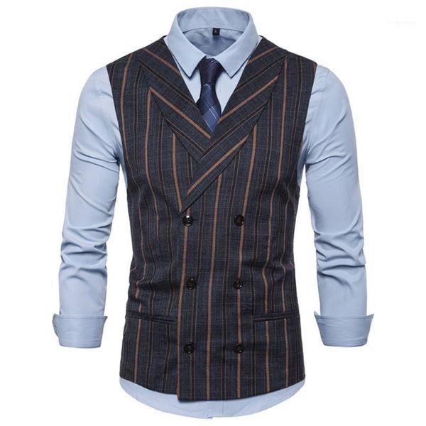 

double breasted lapel neck fashion mens vest vestes de designer pour hommes england style striped slim, Black;white