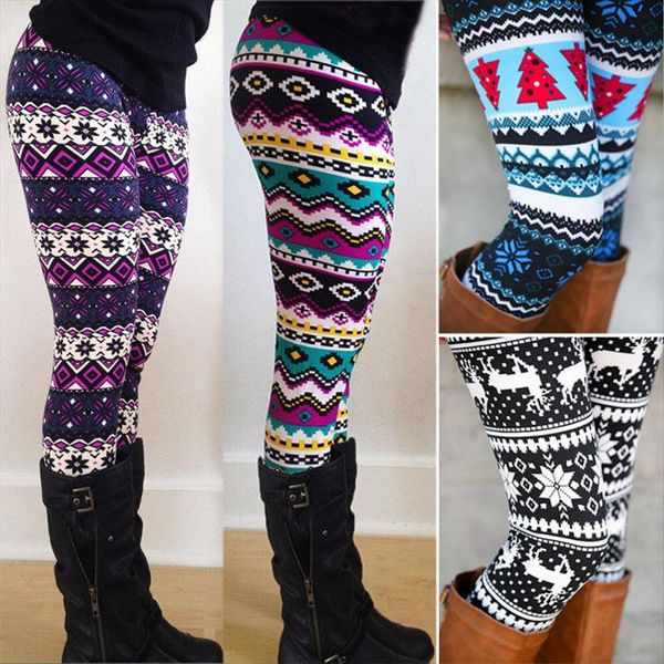 

1pc aztec leggings women stretchy knit christmas gift snowflake leggins ankle length tribal printed casual skinny slim legging, Black