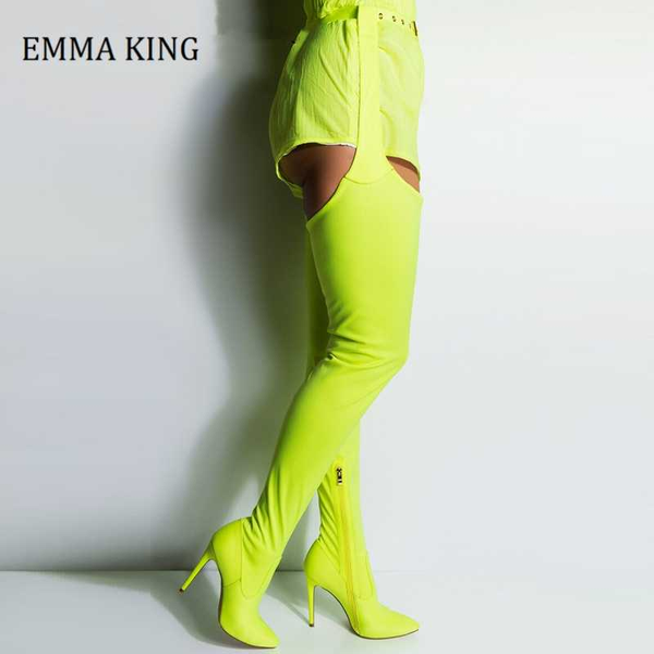 

2020 neon green belted thigh high over the knee boots high heels pointied toe belted buckle over knee chap boots shoes woman, Black