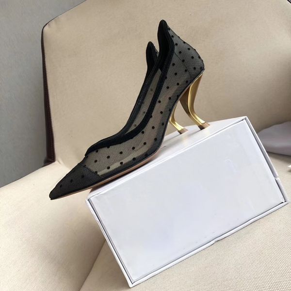 

sandals 19 summer baotou mesh hollow wave point metal cat heel high heeled shoes permeable leather fineheeled tip shallow mouth single shoes, Black
