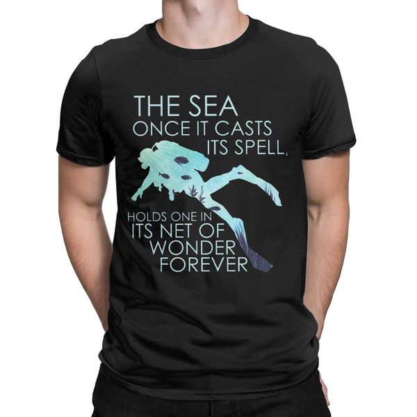 

scuba diving diver dive t-shirts men the sea once it casts its spell vintage 100% cotton tees round neck short sleeve t shirt