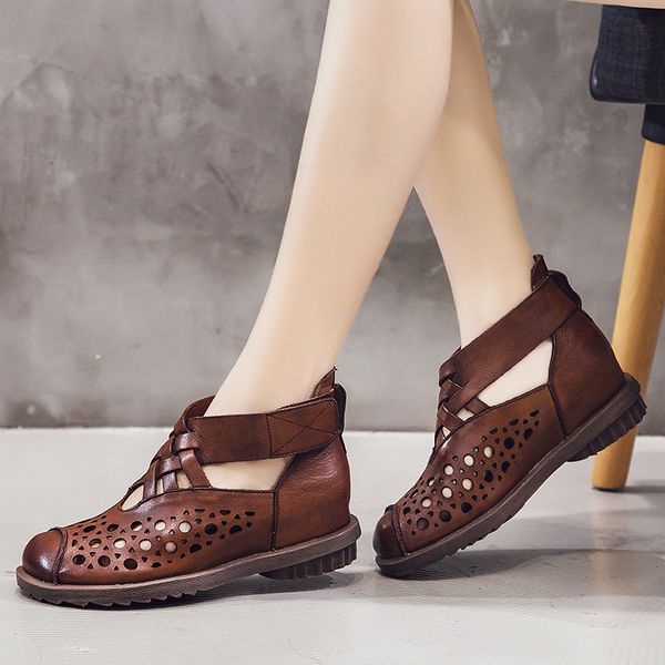 

vallu 2020 ethnic style retro hollow sandals, first layer leather short boots, high-cut hole sandals, women's shoes, Black