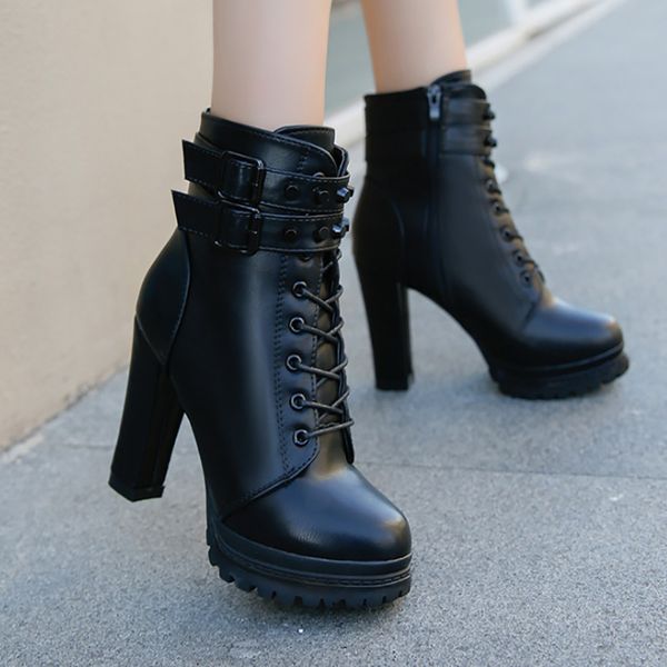 

2020 winter popular shoes women boots lacing shoes women high heel 7cm and 9cm female fashion pu winter women boots, Black