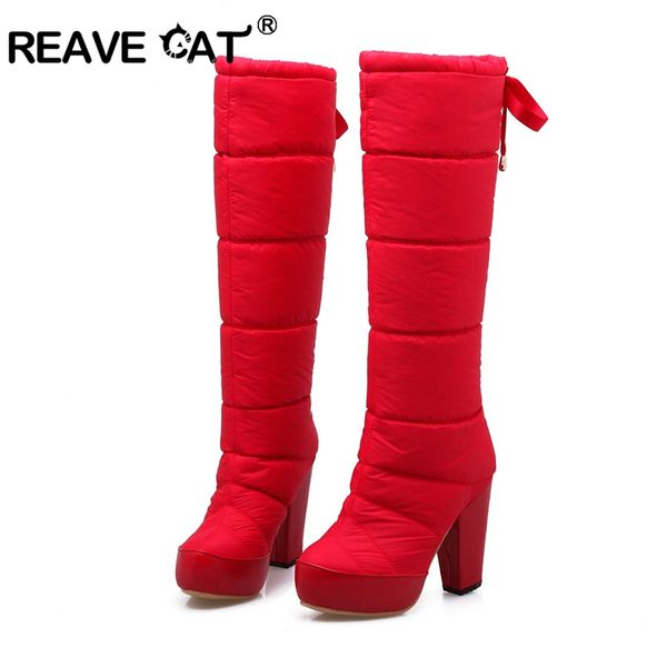 

reave cat 2020 platform solid down boots women winter boots high heels shoes round toe knee high lace-up riband a929, Black