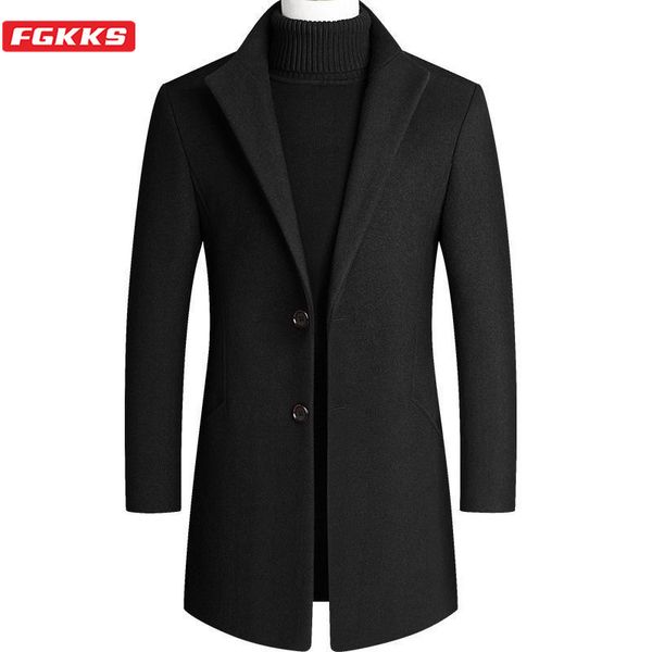 

fgkks men's camel wool coat autumn winter men new slim fit warm coats solid color casual mid-length wool blends mens coats 4xl cx200814, Black