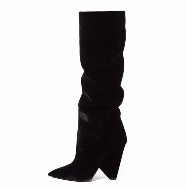 

suede leather high heel point toe slip on boots woman black strange heel ladies slouch winter autumn velvet over knee boots new
