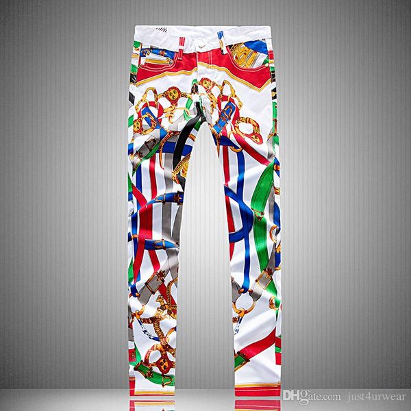 

mens irregular painted graffiti print design jeans straight long pencil pants man teenager white streetwear sim biker denim jean, White;black