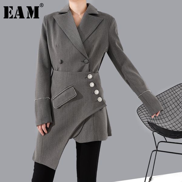 

eam] loose fit gray rhinestone asymmetrical stitch jacket new lapel long sleeve women coat fashion tide spring 2020 1r74102, Black;brown