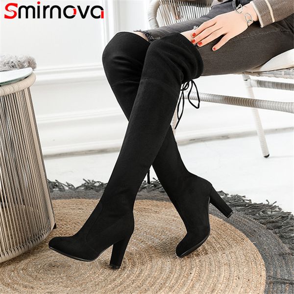 

smirnova 2020 fashion over the knee boots women pointed toe zip thigh high boots cross tied super high heels lady elastic, Black