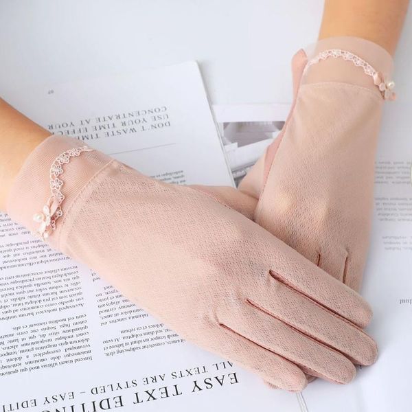

summer women uv sunscreen short sunscreen pearl flowers gloves thin silk lace touch screen driving gloves, Blue;gray
