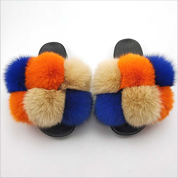 

furry pom pom fur slides women fur slippers reall flip flop flat fluffy ball sandals ladies cute rainbow shoes, Black