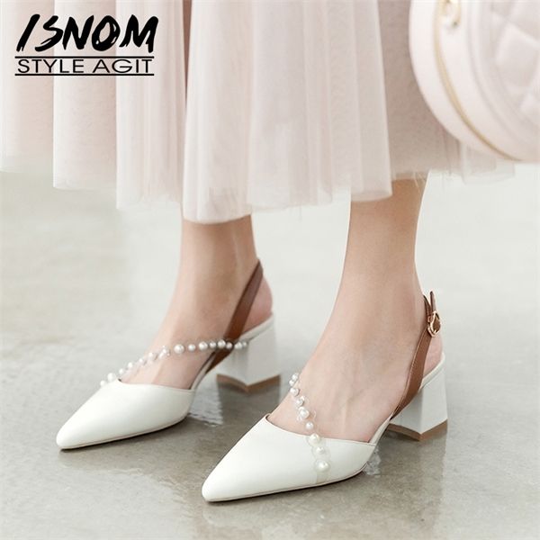 

isnom thick high heels sandals women shoes clear pearl strip slingback ladies sandals pointed toe genuine leather shoes woman 0922, Black