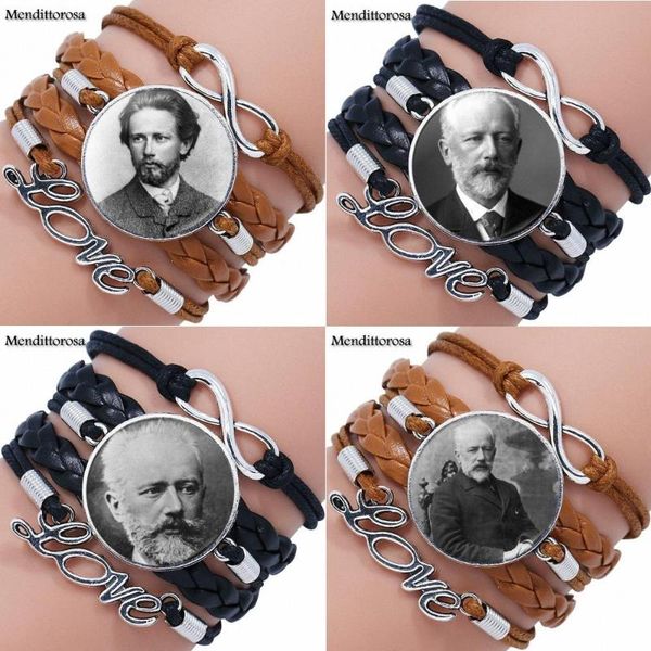 

charm bracelets peter ilyich tchaikovsky for women girls punk jewelry with glass cabochon multilayer black/brown leather bracelet bangle, Golden;silver