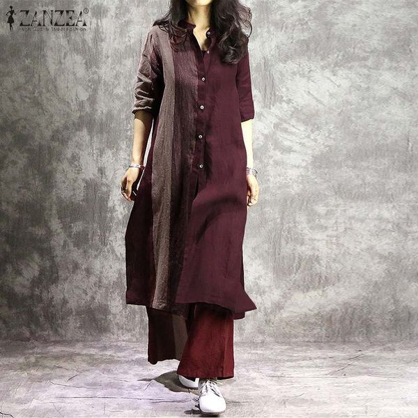 

zanzea women's shirt sundress kaftan stiching mid-claf dress casual long sleeve vestidos female button down robe plus size 5xl, Black;gray