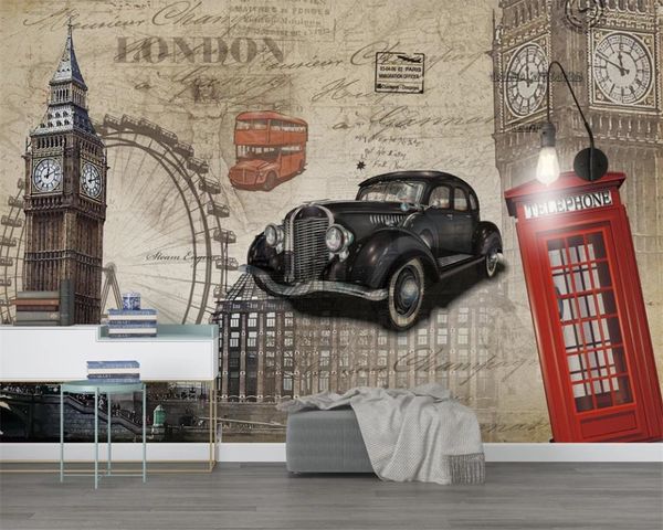 Wallpaper 3D para paredes Luxo Retro Retro Nostálgico Estilo Britânico Tower Torre Clássico Carro Sala de Visitas Quarto Vestuário Papel de Parede HD