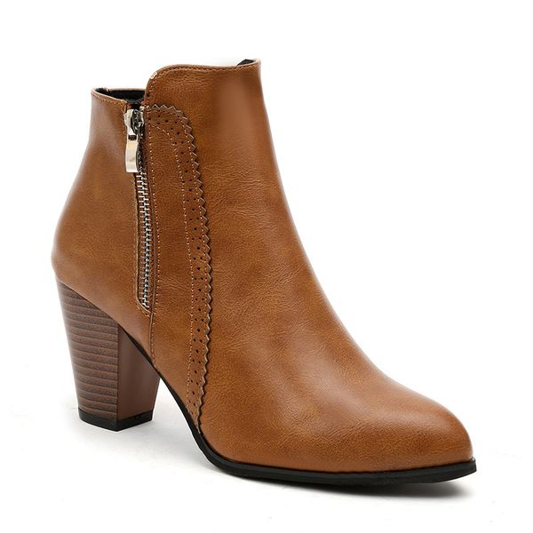 

весна ретро женщины моды высокой пятки сапоги vintage блок пятки лодыжки загрузки боковая молния high heels женщины обуви eu 35-43 черный же, Black