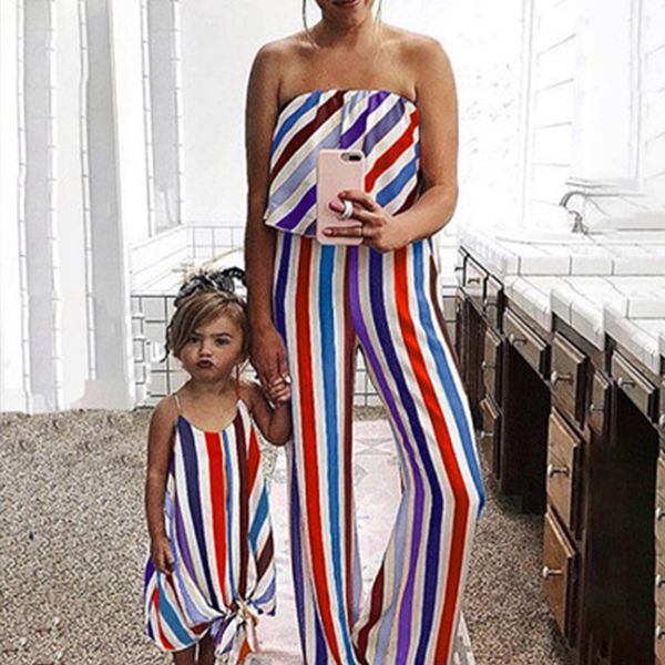 

off shoulder полосатой семьи комбинезоны лето мать дочь семья matching rompers мама дети родитель-ребенок нижнее, Blue