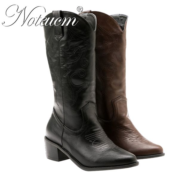 

female winter western cowboy boot faux leather high heel mid calf cowgirl botas wedge country botte shoe with faux fur for women, Black