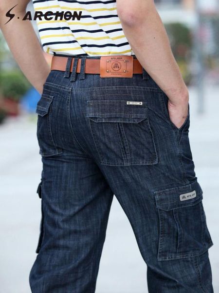

s.archon casual jeans men's autumn denim cotton hip hop loose work long trousers jeans denim pants men pants slim fit, Blue