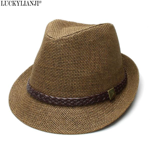 

luckylianji women's men's unisex's straw fedora sun beach jazz hat rivet braid leather band ( 58cm, Blue;gray