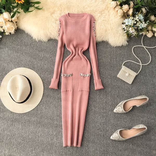 

amolapha women pearls knit dress vestidos long sleeve pockets elegant woman solid knitted dresses outfits t200810, White