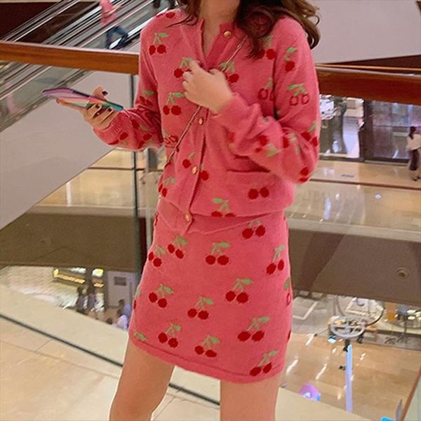 

костюм для женщин вскользь два piece set женщины set осень wild cherry печать с длинным рукавом вязать свитер из двух частей юбки костюма, Gray