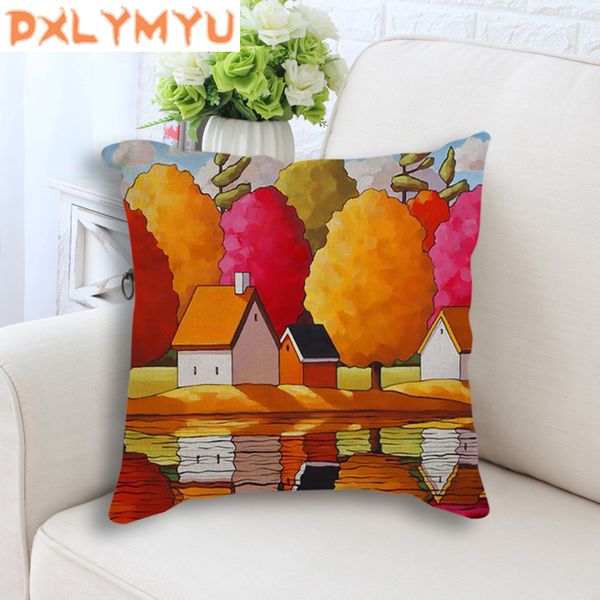 

hand-painted retro rural color house cushion cover linen throw pillow car home decoration decorative pillowcase 45*45cm