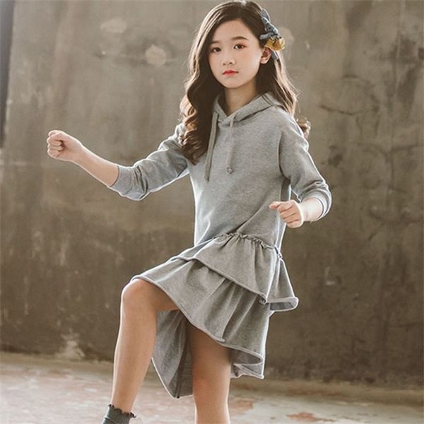 

gray hooded hoodies dresses for teenage girls asymmetrical ruffles toddler dress baby kids autumn 2019 children clothing 6 8 10y 0925, Red;yellow